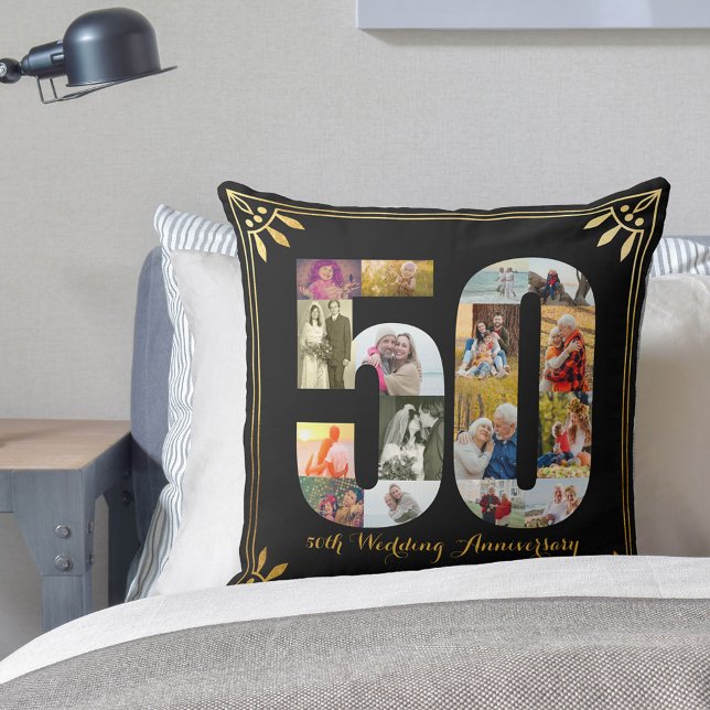 50th Golden Wedding Anniversary Black & Gold Photo Throw Pillow (Creator Uploaded)