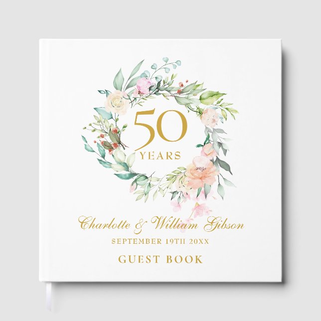 50th Golden Wedding Anniversary Floral Garland Guest Book (Front)