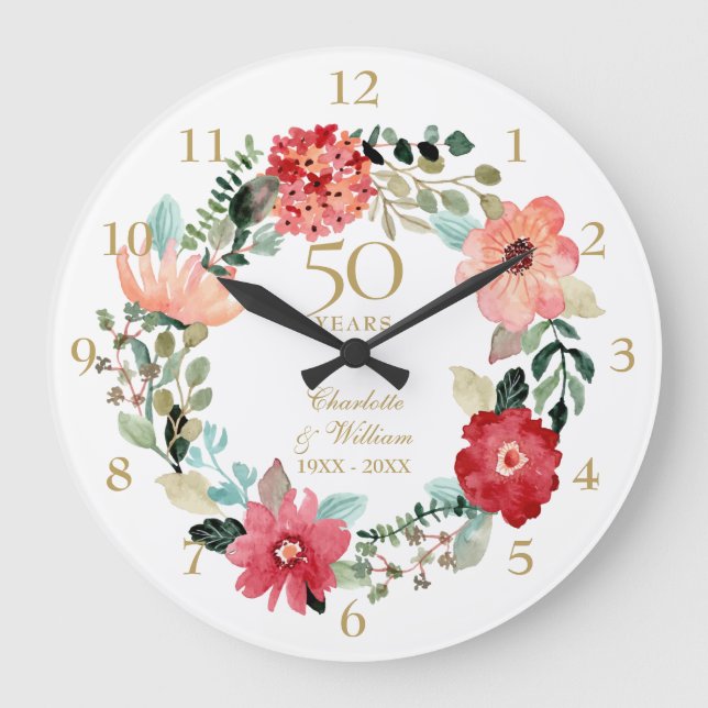 50th Golden Wedding Anniversary Floral Garland Large Clock (Front)