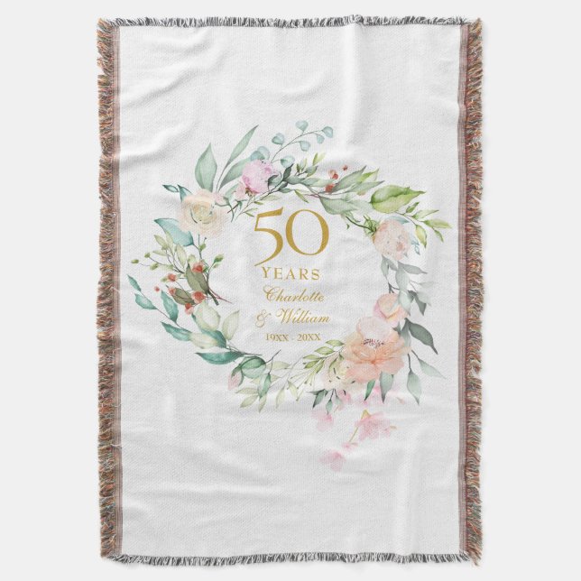 50th Golden Wedding Anniversary Floral Garland Throw Blanket (Front Vertical)