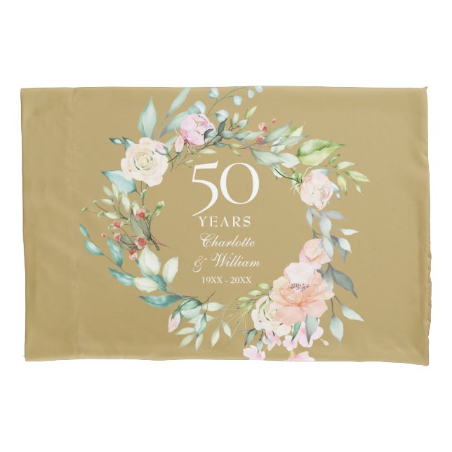 50th Golden Wedding Anniversary Floral Gold Pillowcase (Front)