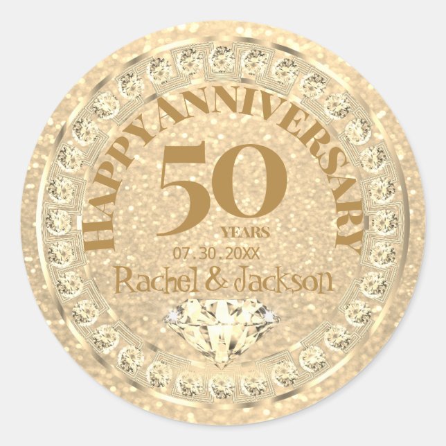 50th Golden Wedding Anniversary - Glitter Classic Round Sticker (Front)