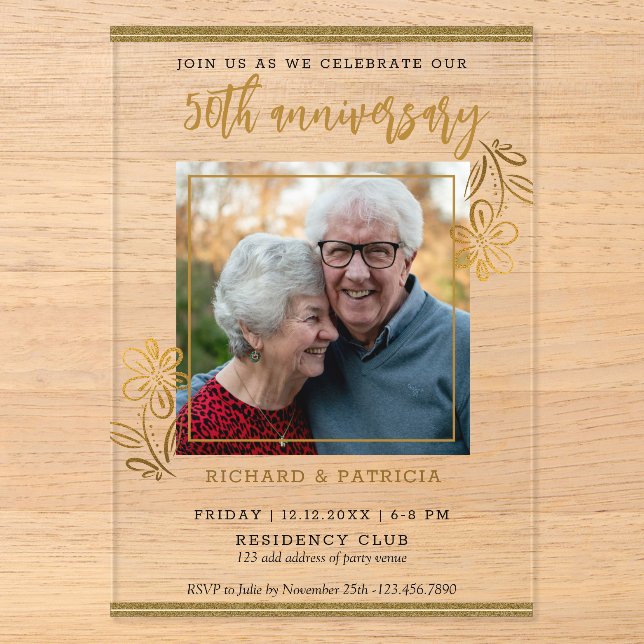50th Golden Wedding Anniversary Gold Floral Photo Acrylic Invitations (Front)
