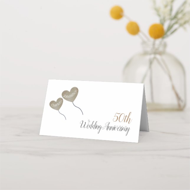 50th golden wedding anniversary heart balloons place card (Front)