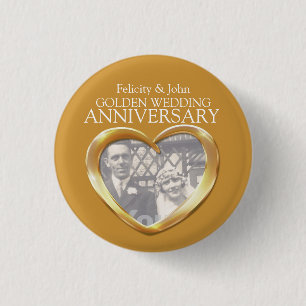 50th golden wedding anniversary heart photo badge 1 inch round button