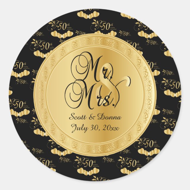 50th Golden Wedding Anniversary in Gold and Black Classic Round Sticker (Front)