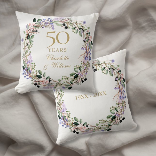 50th Golden Wedding Anniversary Lavender Floral Throw Pillow (50th Golden Wedding Anniversary Lavender Floral Throw Pillow)