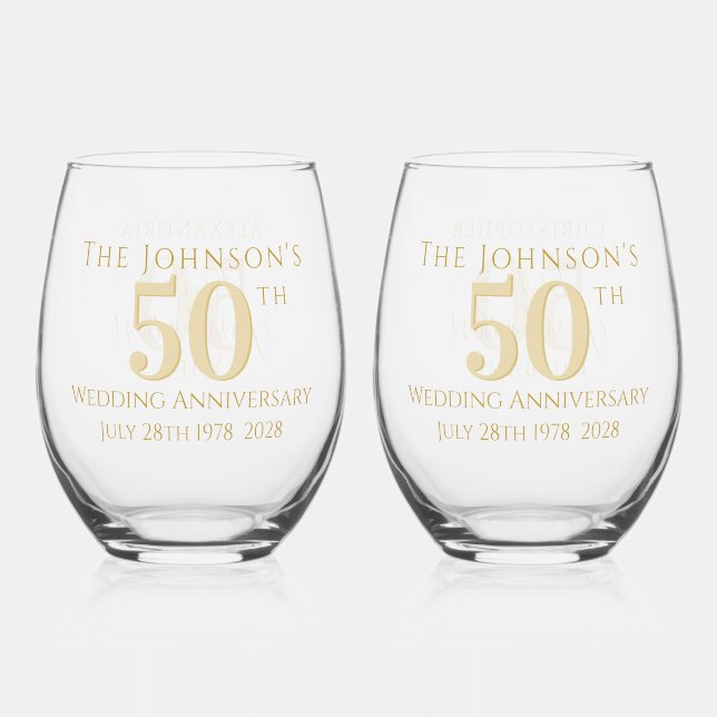 50th Golden Wedding Anniversary Matching Stemless Wine Glass (Front)