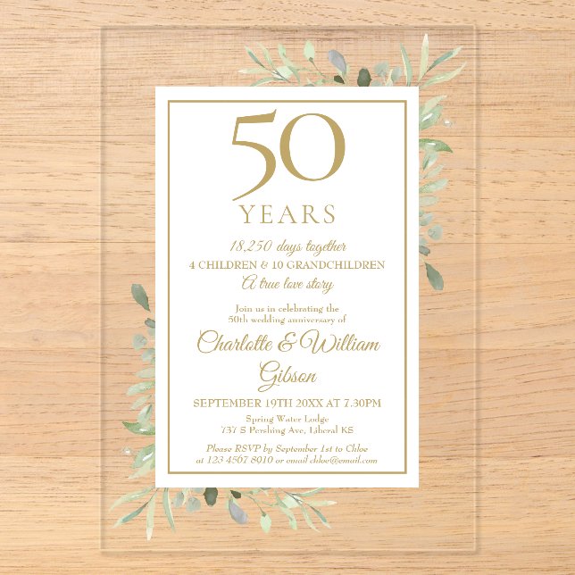 50th Golden Wedding Anniversary Memories Greenery Acrylic Invitations (Front)