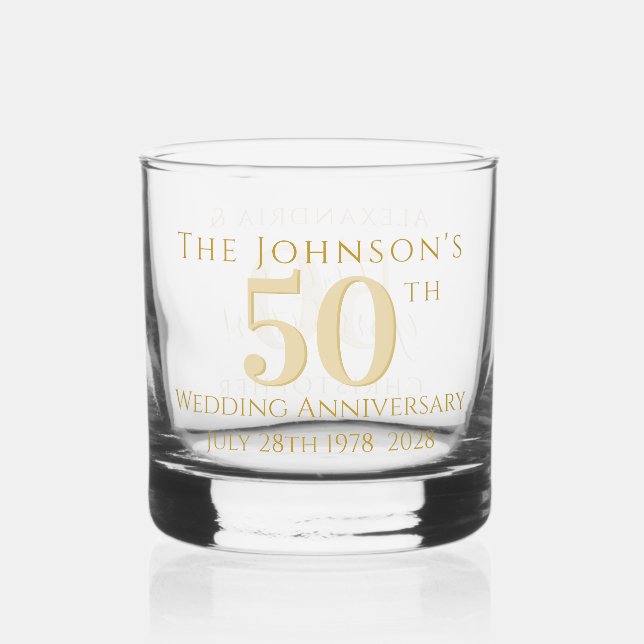 50th Golden Wedding Anniversary Personalized Whiskey Glass (Front)