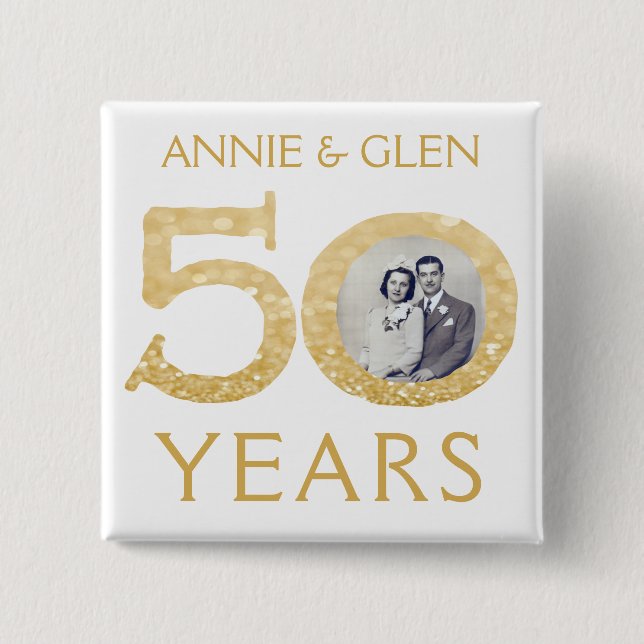 50th Golden Wedding Anniversary Photo Keepsake 2 Inch Square Button (Front)