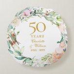 50th Golden Wedding Anniversary Photo Roses Floral Round Pillow<br><div class="desc">Featuring a delicate watercolour floral garland,  this chic botanical 50th wedding anniversary keepsake pillow can be personalised with your special anniversary information in elegant gold text and your photo on the reverse. Designed by Thisisnotme©</div>