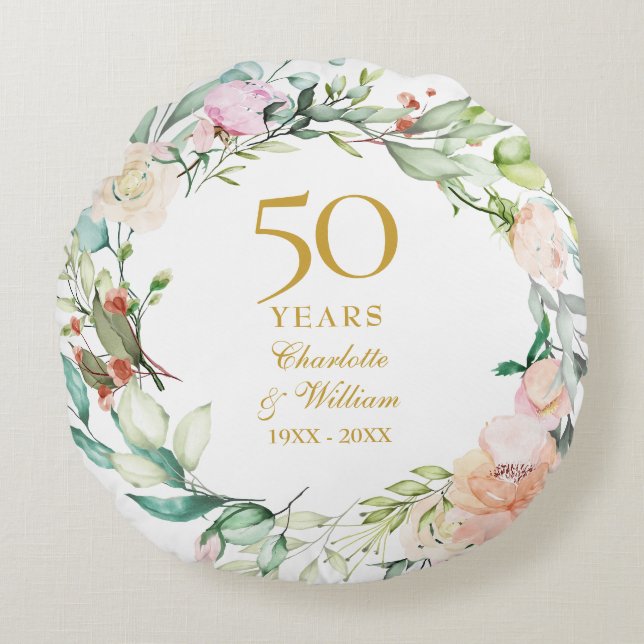 50th Golden Wedding Anniversary Photo Roses Floral Round Pillow (Front)