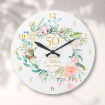 50th Golden Wedding Anniversary Roses Floral Large Clock<br><div class="desc">Featuring a delicate watercolor floral garland,  this chic botanical 50th wedding anniversary clock can be personalised with your special golden anniversary details set in elegant typography. Designed by Thisisnotme©</div>