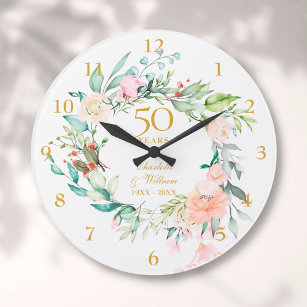 50th Golden Wedding Anniversary Roses Floral Large Clock