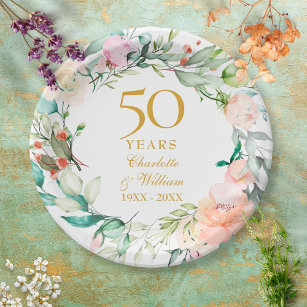 50th Golden Wedding Anniversary Roses Garland  Paper Plate