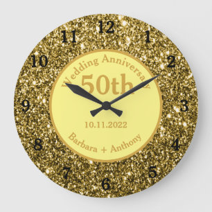 50th Golden Wedding Anniversary Sparkle Gold Glam  Large Clock