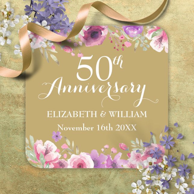 50th Golden Wedding Anniversary Watercolor Roses Square Sticker (50th Golden Wedding Anniversary Watercolor Roses Square Sticker)