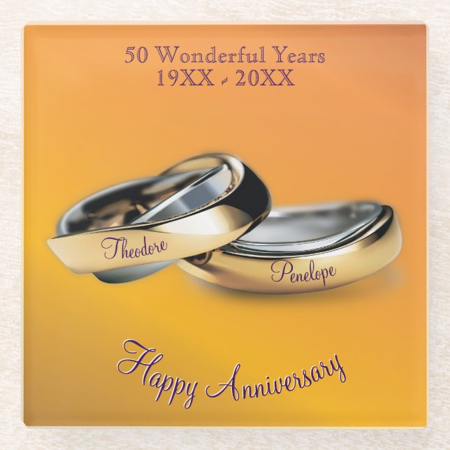 50th ✨💛 Golden Wedding Rings Anniversary Glass Coaster (Front)