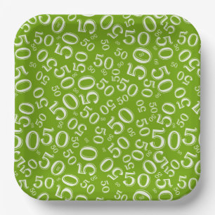 50th Green/White Random Number Pattern Paper Plate