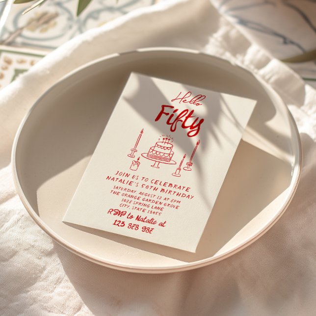 50th Hand Written Drawn Cake Hello Fifty Birthday  Invitation (Creator Uploaded)