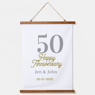 50th happy anniversary name date silver gold date hanging tapestry