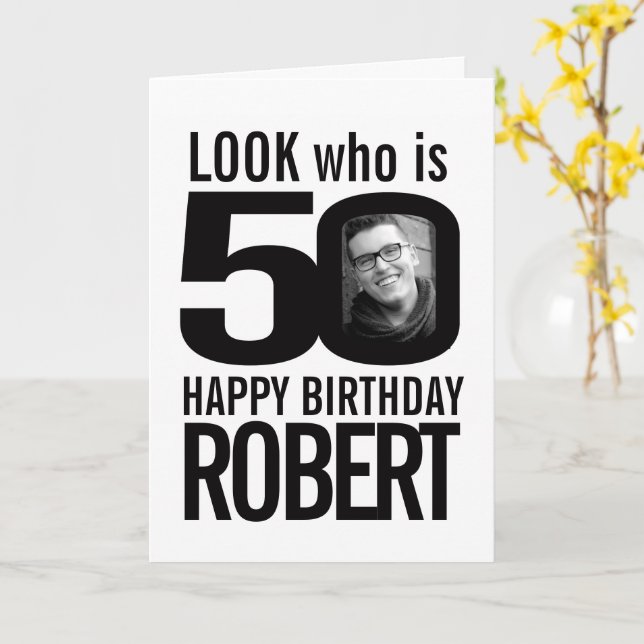 50th Happy Birthday 2 photos mono Card (Yellow Flower)
