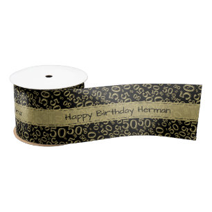 50th "Happy Birthday" Random Pattern Black/Gold Satin Ribbon