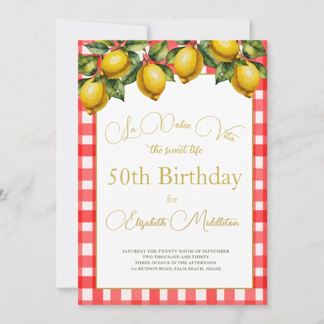 50th Italian Lemon Botanical Red White Pattern Invitation (Front)