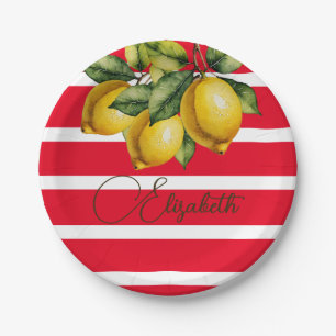 50th Italian Lemon Botanical Red White Stripe Paper Plate