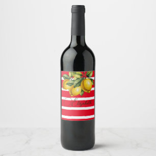 50th Italian Lemon Botanical Red White Stripe Wine Label