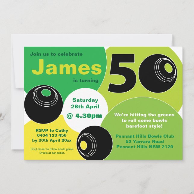 50th Lawn Bowls Barefoot Bowling Birthday Invitation (Front)