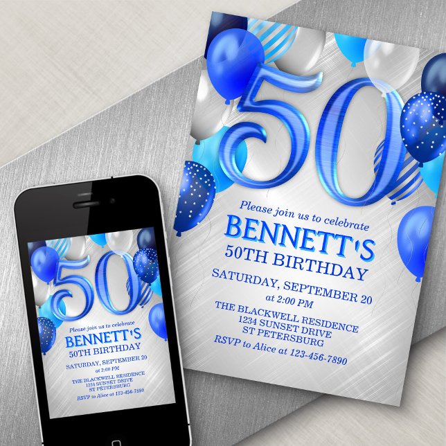 50th Mens Blue Anniversaire Invitation (Créateur téléchargé)