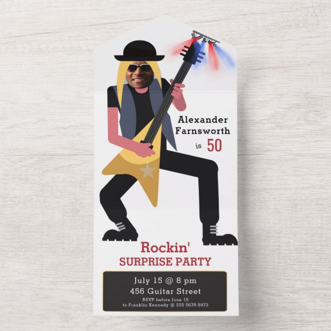 50th Mens 🎸🤣 Rockstar Birthday Guitar Funky Fun  All In One Invitation (Inside)