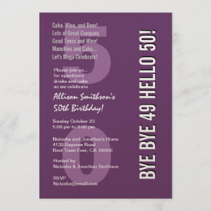 50th Modern Birthday Purple and White Bye Bye 49 Invitation
