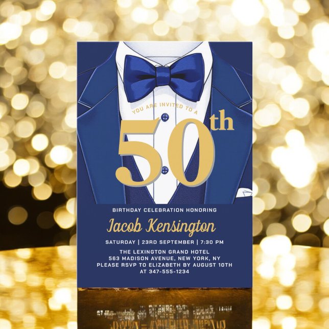 50th Navy Blue and Gold Tuxedo Birthday Event Invitation (Creator Uploaded)