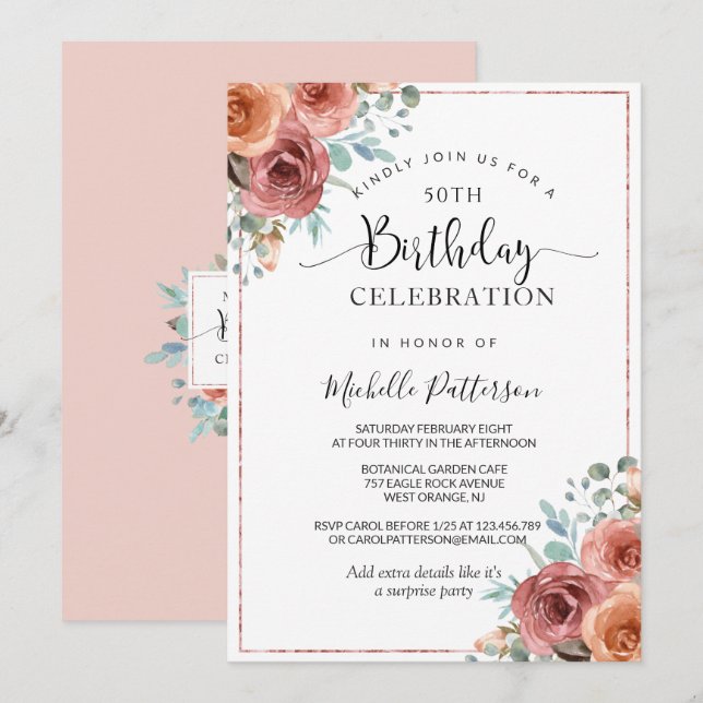 50th (or other) Birthday, Rose Gold, Peach Floral Invitation (Front/Back)