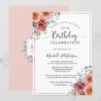 50th (or other) Birthday, Rose Gold, Peach Floral