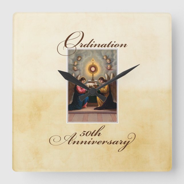 50th Ordination Anniversary Angels at Altar Square Wall Clock (Front)