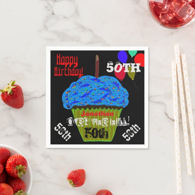 50th Over the Hill Personalized Blue Cupcake Napkin (Insitu)