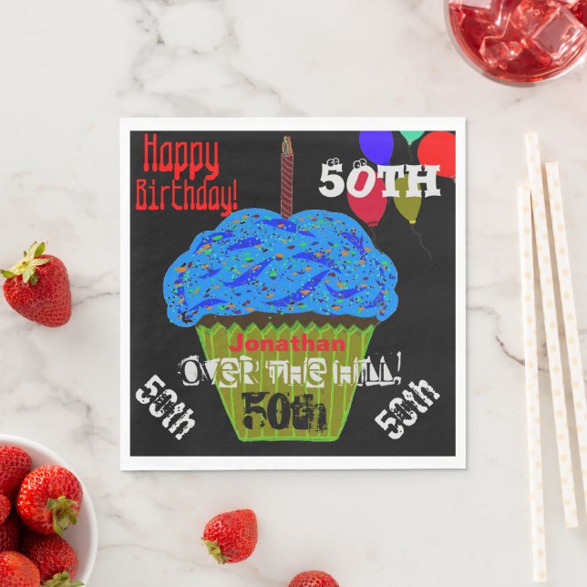 50th Over the Hill Personalized Blue Cupcake Napkin (Insitu)