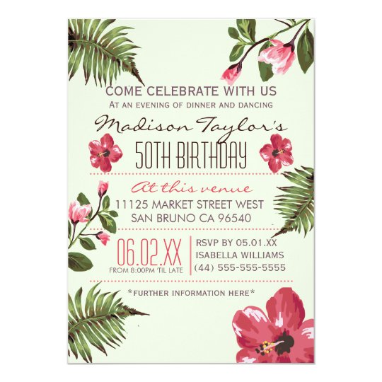 50th Party Exotic Hibiscus & Tropical Palm Leaves Card
