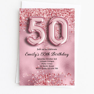 50th Pink Glitter Birthday Invitation