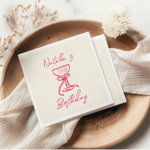 50th Pink Hand Drawn Champagne Bow Glass Birthday Napkin
