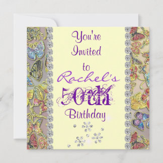 50TH PURPLE BUTTERFLY Birthday Invitation BLING