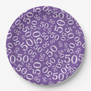 50th Purple/White Random Number Pattern Paper Plate