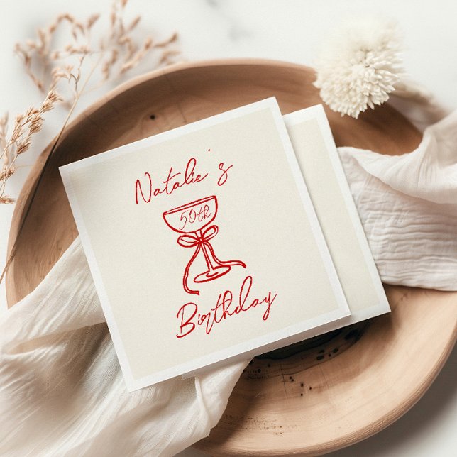 50th Retro Hand Drawn Bow Champagne Glass Birthday Napkin (Creator Uploaded)