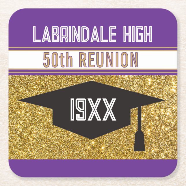 50th Reunion! Customized Partytime Square Paper Coaster (Front)