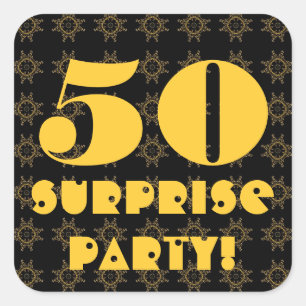 50th Surprise Birthday Favour Black Gold Pattern Square Sticker