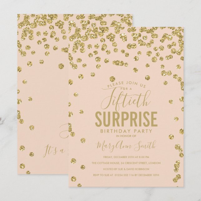 50th Surprise Birthday Gold Blush Pink Invitation (Front/Back)